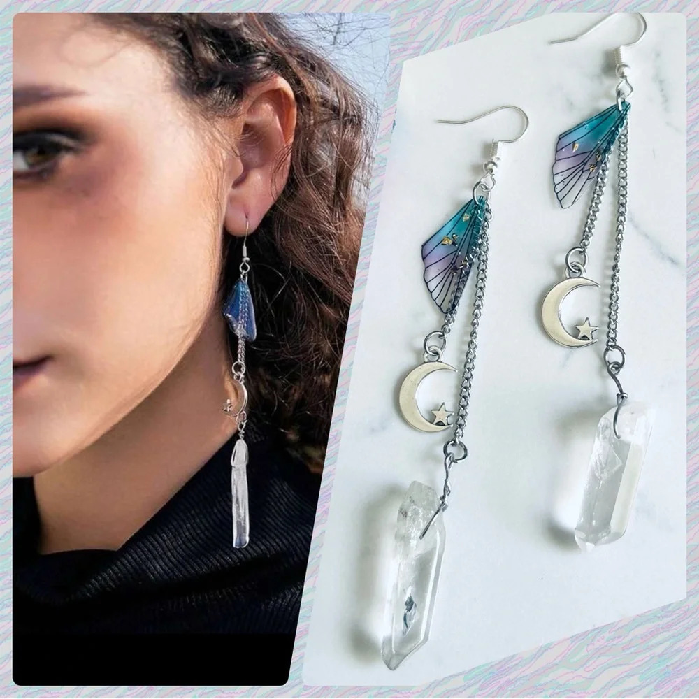 2/$30🌵 Fairy Wing Crystal Long Earrings Butterfly Wing Moon Star Earrings NEW